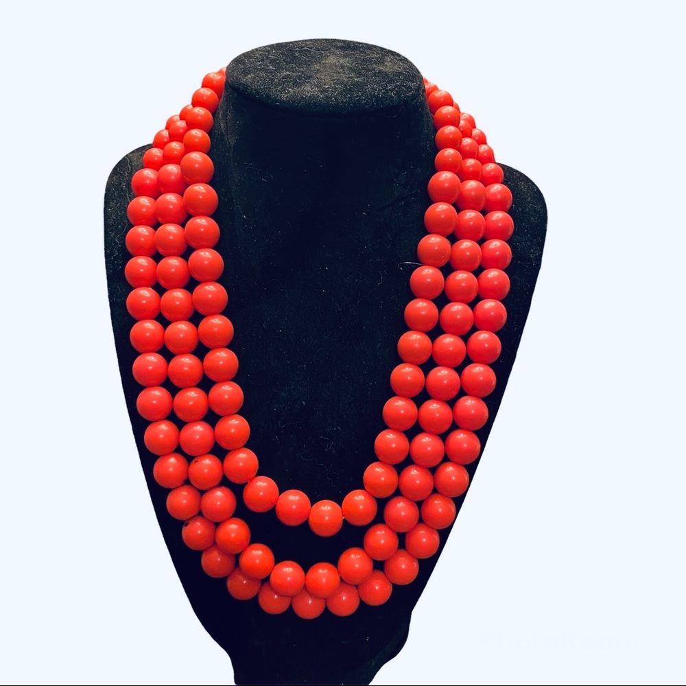Triple Strand Fuchsia Pink Beaded Necklace
